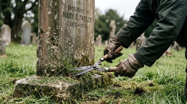 Person tending to a grave in a cemetery using shears to trim grass