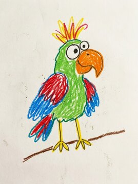 Colorful parrot child crayon drawing perched on branch. Funny cartoon bird with big eyes and orange beak. Kids art and creativity. Childhood drawing and playful illustration concept.