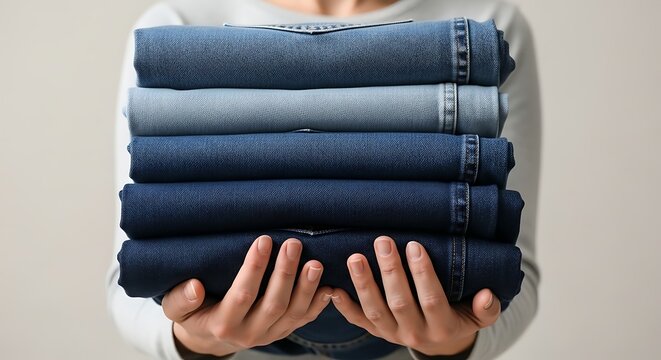 A person holds a neat stack of various blue denim jeans