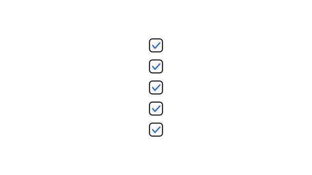 Checklist Completion Animation Showing Five Checkboxes Marked with Blue Checkmarks for Business Productivity and Goal Achievement 4k video