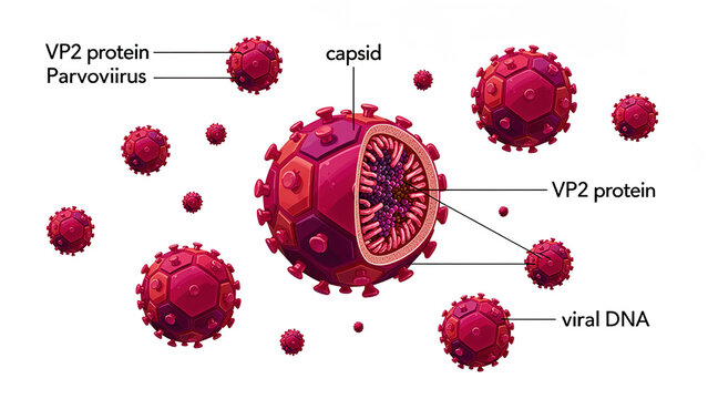Parvovirus 3D Structure Medical Illustration, Capsid, VP2 Protein and Viral DNA Diagram