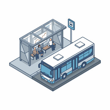 Creative Isometric of a Modern Bus Stop with People Waiting and a Blue Bus Approaching with high quality professional line art symbols for modern creative design and digital branding projects