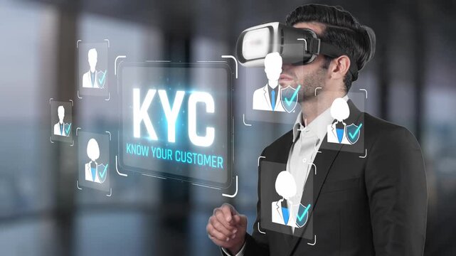 Professional man using virtual reality technology for Know Your Customer applications in a modern office environment, enhancing user experience and security protocols Sigmoid