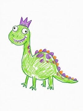 Green cartoon dinosaur wearing purple crown in childlike crayon drawing style. Smiling long-necked dinosaur with orange and purple spikes. Kids illustration. Birthday invitation and nursery