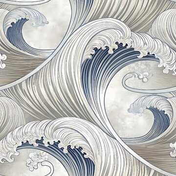 Japanese style seamless ocean wave pattern featuring blue dynamic crashing sea waves and white foam swirls over a textured beige background texture in an ornamental traditional wave art motif.