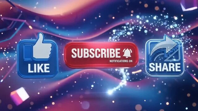 Subscribe button video animation with like and share icons on blue and purple background motion clip