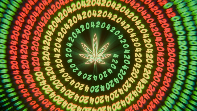 3d render of glowing cannabis leaf with 420 numbers pattern and neon lighting