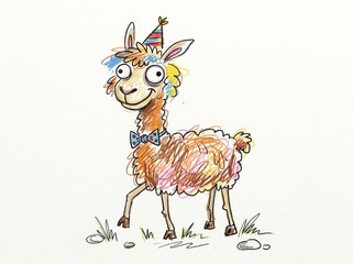 Obraz premium Funny llama in striped party hat and bow tie. Colorful hand-drawn cartoon doodle illustration. Birthday celebration concept. Childrens drawing style. Greeting card design.