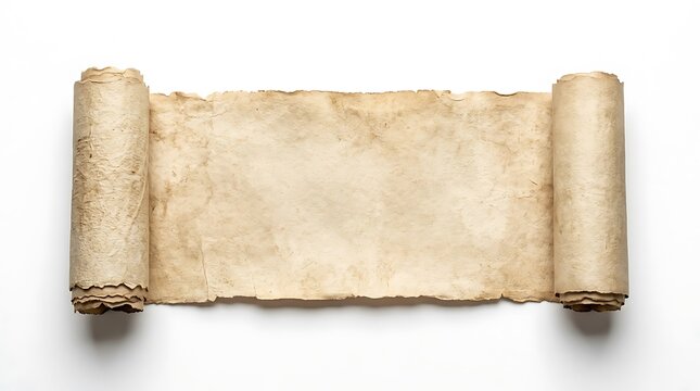 Ancient parchment scroll isolated on a white background with space for text
