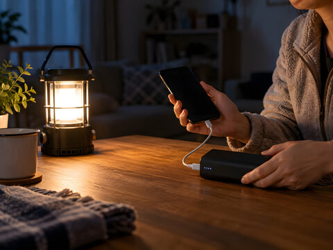 Charging smartphone with a power bank during a power outage