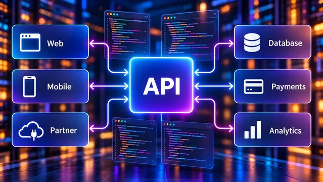 Glowing digital API integration architecture diagram connecting web mobile database payments and analytics infrastructure for modern software development and cloud networking