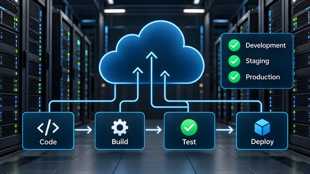 Cloud computing DevOps continuous integration and deployment pipeline diagram with server room background conceptualizing agile software release management