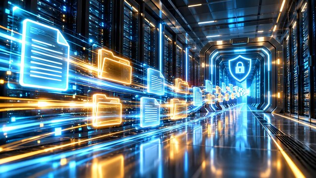 High speed digital data transfer of files and folders through a server room towards a secure encrypted cybersecurity shield