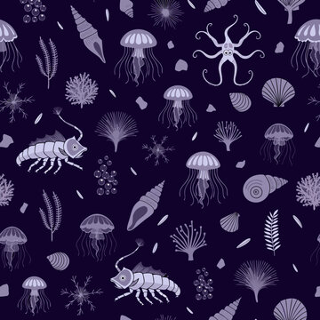 Purple deep sea underwater seamless pattern showcasing jellyfish, sea urchins, seashells, small octopus, and sea floor organisms on a dark violet background in graphic art style.