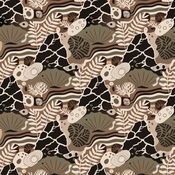 Earthy abstract landscape seamless pattern featuring stylized mountains, coral branches, fan leaves, and flowing wavy lines in brown, beige, dark green, and cream color palette.