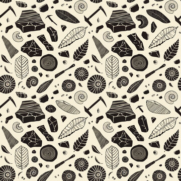 Monochromatic seamless pattern vector illustration featuring prehistoric fossils, shells, leaves, rock layers, ammonites, fern leaves, and paleontology tools on a light beige background.
