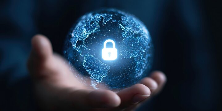 Cybersecurity and global security concept with a digital earth globe and a padlock for internet data protection