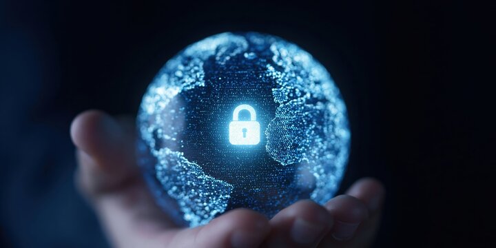 Cybersecurity and digital security protecting global data with a glowing earth globe and a bright padlock network