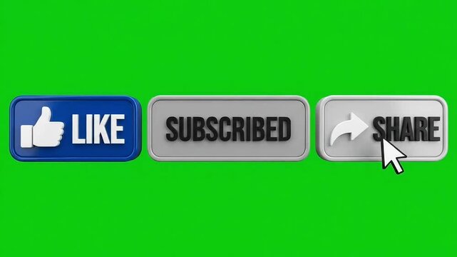Subscribe button animation with mouse cursor clicking like and share icons on green screen background video footage