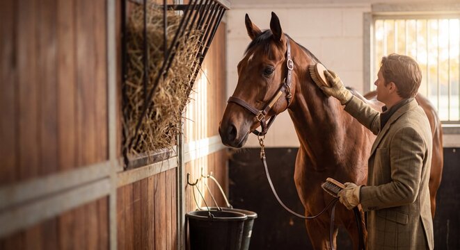 Man in beige suit grooming a brown horse with a brush inside a wooden stable with hay feeder and water bucket near window