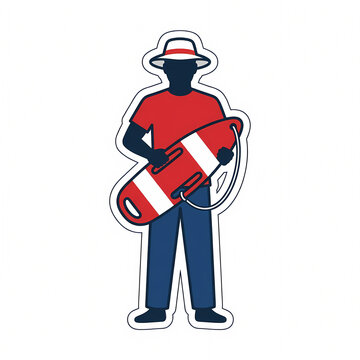 Flat Vector Illustration of a Professional Male Lifeguard Standing and Holding a Red Rescue Tube Buoy, Beach Safety and Coast Guard Security Concept Isolated on White Background