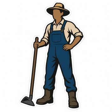Full body vector illustration of a hardworking male farmer or gardener wearing a straw hat and blue overalls, holding a hoe tool and standing confidently on a white background.