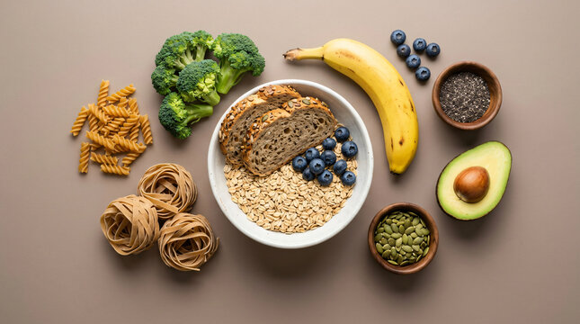 Top view of healthy food ingredients including oats bread fruit vegetables and seeds.