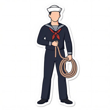 Sticker style vector illustration of a male sailor in classic blue naval uniform with a white cap and red neckerchief, standing and holding a coiled nautical rope on white background