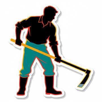 Stylized Vector Illustration of a Male Farmer Working with a Hoe, Silhouette Mascot Sticker Design for Agriculture, Organic Farming, and Manual Labor Concepts on White Background