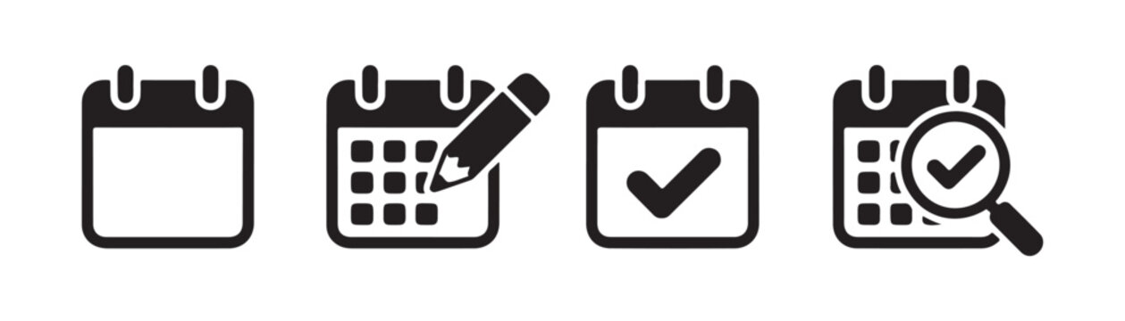 Minimalist calendar agenda icon series including task complete symbol pencil modifier and search loupe.