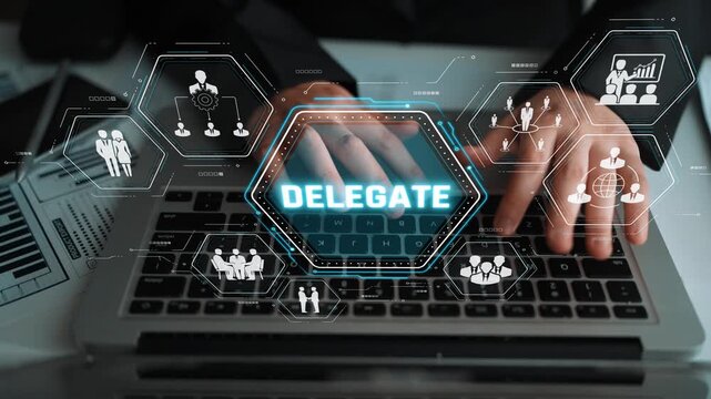Hands Typing on Laptop with Digital Delegate Concept Displayed, Symbolizing Teamwork and Task Management in a Modern Workspace Sigmoid
