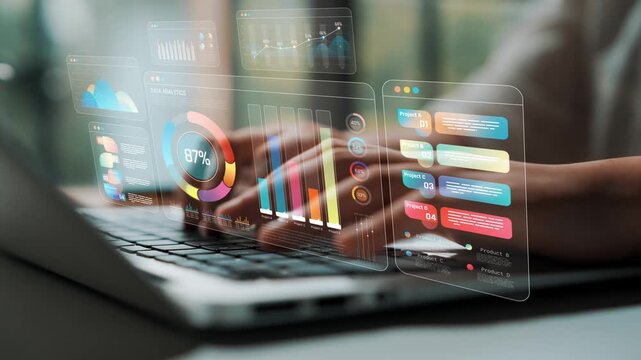 Digital Analytics and Data Visualization Concept with Hands Typing on Laptop Surrounded by Charts and Graphs on Screen Displaying Key Performance Metrics Sigmoid