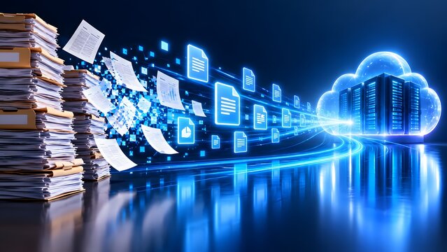Physical file folders transforming into digital data stream flowing toward cloud server storage