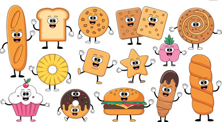 Obraz premium Cute Cartoon Bakery and Fast Food Character Vector Set Featuring Smiling Bread Donut Cupcake Cracker and Burger Mascots for Kids Menu Graphic Designs