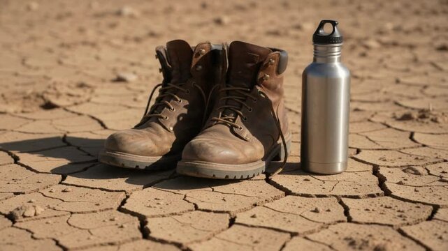 Work boots and water flask on a construction site for heat safety