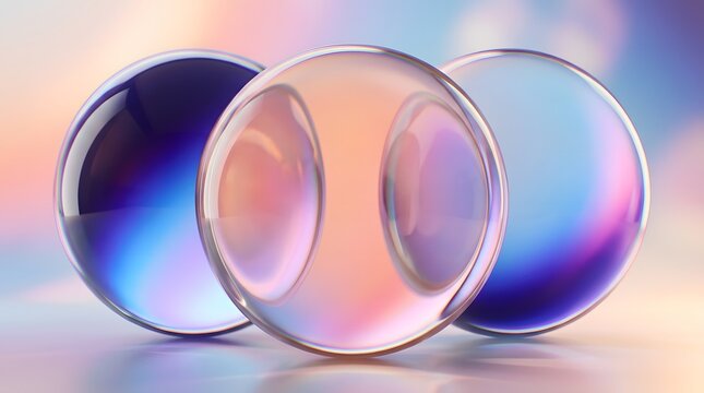 Three translucent glass orbs with iridescent gradient reflections on a soft blurred background