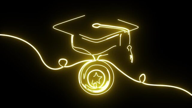 Continuous Line Drawing Animation Of Neon Yellow Graduation Cap Medal Vector