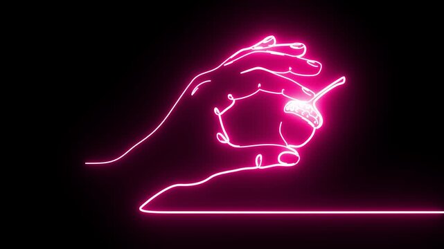 Continuous Line Drawing Animation Of Neon Pink Hand Holding Acorn Seedling   