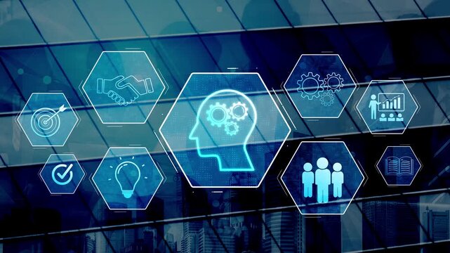 Head with gear and icons representing learning, digital training, and development process, showing skill growth for human or AI systems through knowledge or task optimization Marrow