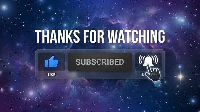 YouTube end screen animation with subscribe button, like icon, and notification bell against glowing space background video clip