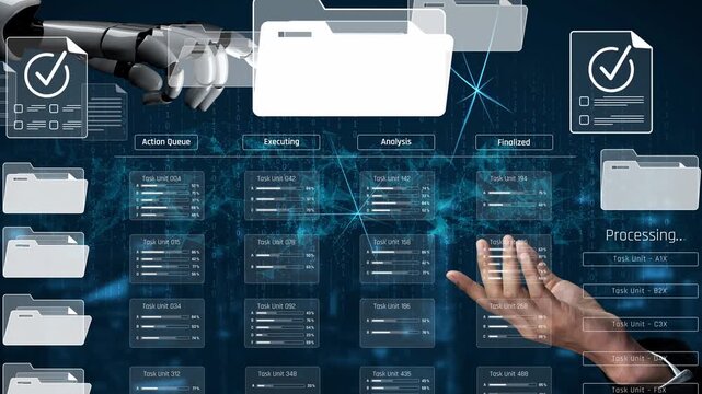 AI analyzing task progress, reviewing workflow pipeline, updating task stages, and improving project management efficiency with automated reporting insights. Marrow