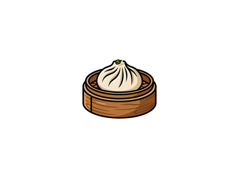 Single Pleated Steamed Dumpling In Round Bamboo Steamer Isolated On White Vector Illustration