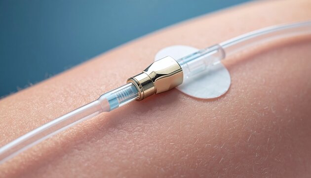 Intravenous cannula inserted into patient's arm for medical infusion. Close-up of a clear plastic tube and golden connector secured with an adhesive patch on human skin during a healthcare procedure.