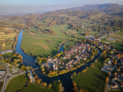 Aerial View of Otočec Town and Krka River in Autumn