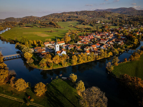Otočec Village and Krka River in Autumn with Otok Mansion Landscape