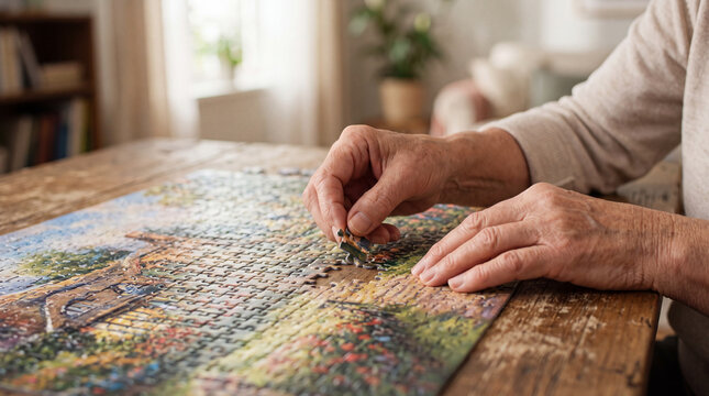 Senior person assembling a colorful jigsaw puzzle on wooden table inside living room