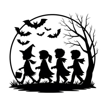 Circular frame Halloween silhouette vector with children, witch hat, bats, and bare tree isolated on white background