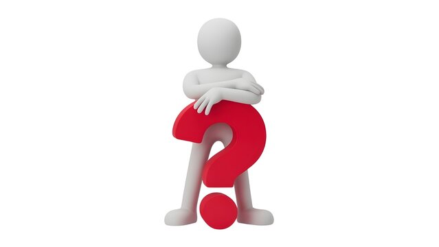 3D white figure holding giant red question mark isolated on white background, problem solving, FAQ, and customer support concept