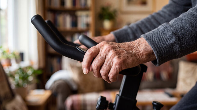 Senior person exercising on stationary bicycle in indoor room