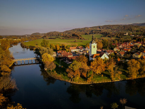 Aerial View of Otočec Town and Krka River with Church of St. Peter